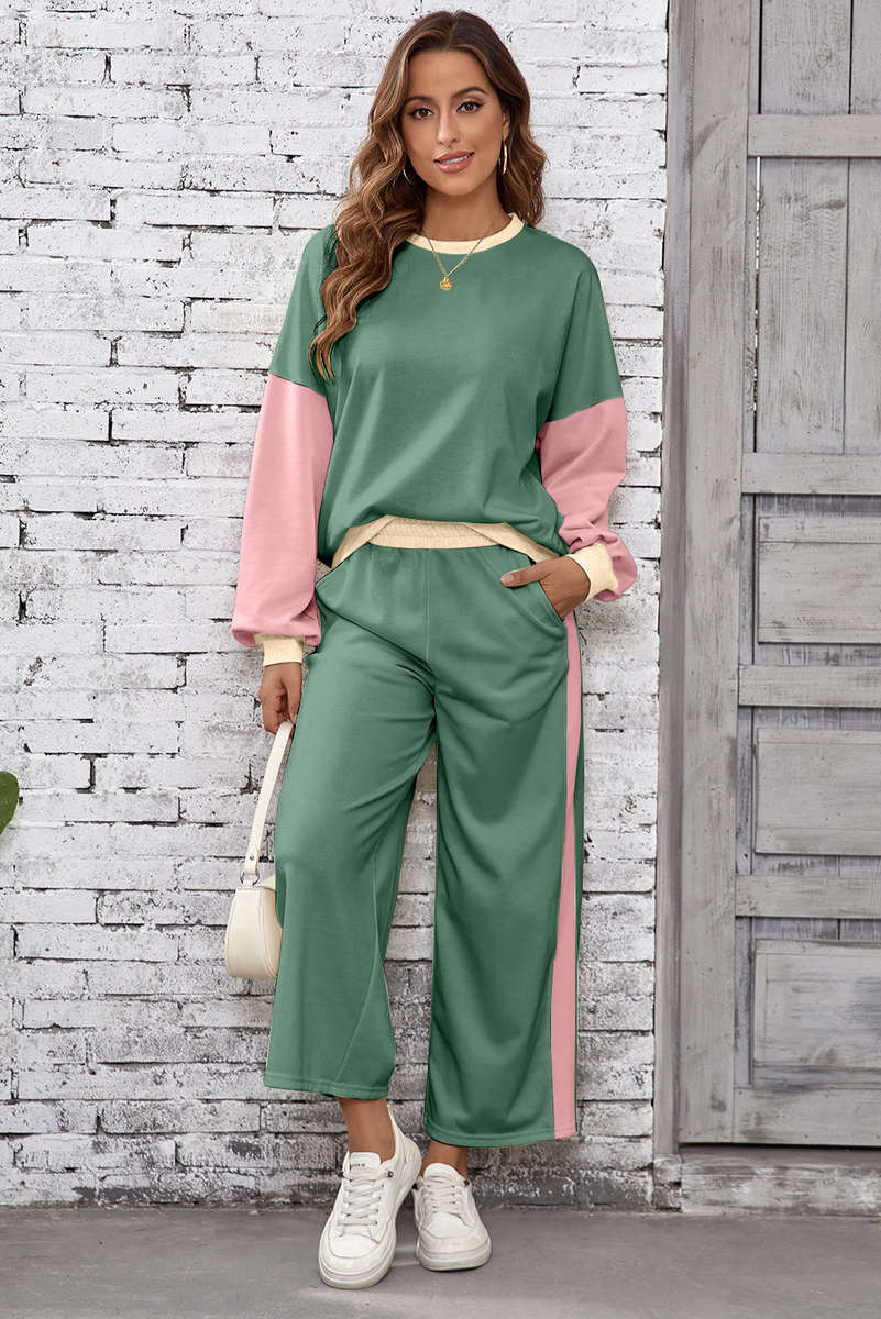 Mist Green 2pcs Color Block Pullover Loose Pant Set