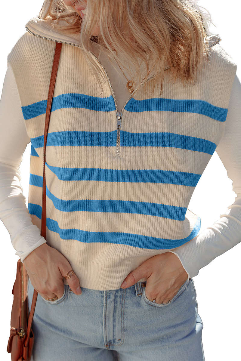 Light Blue Ribbed Half Zip Collared Sweater Vest