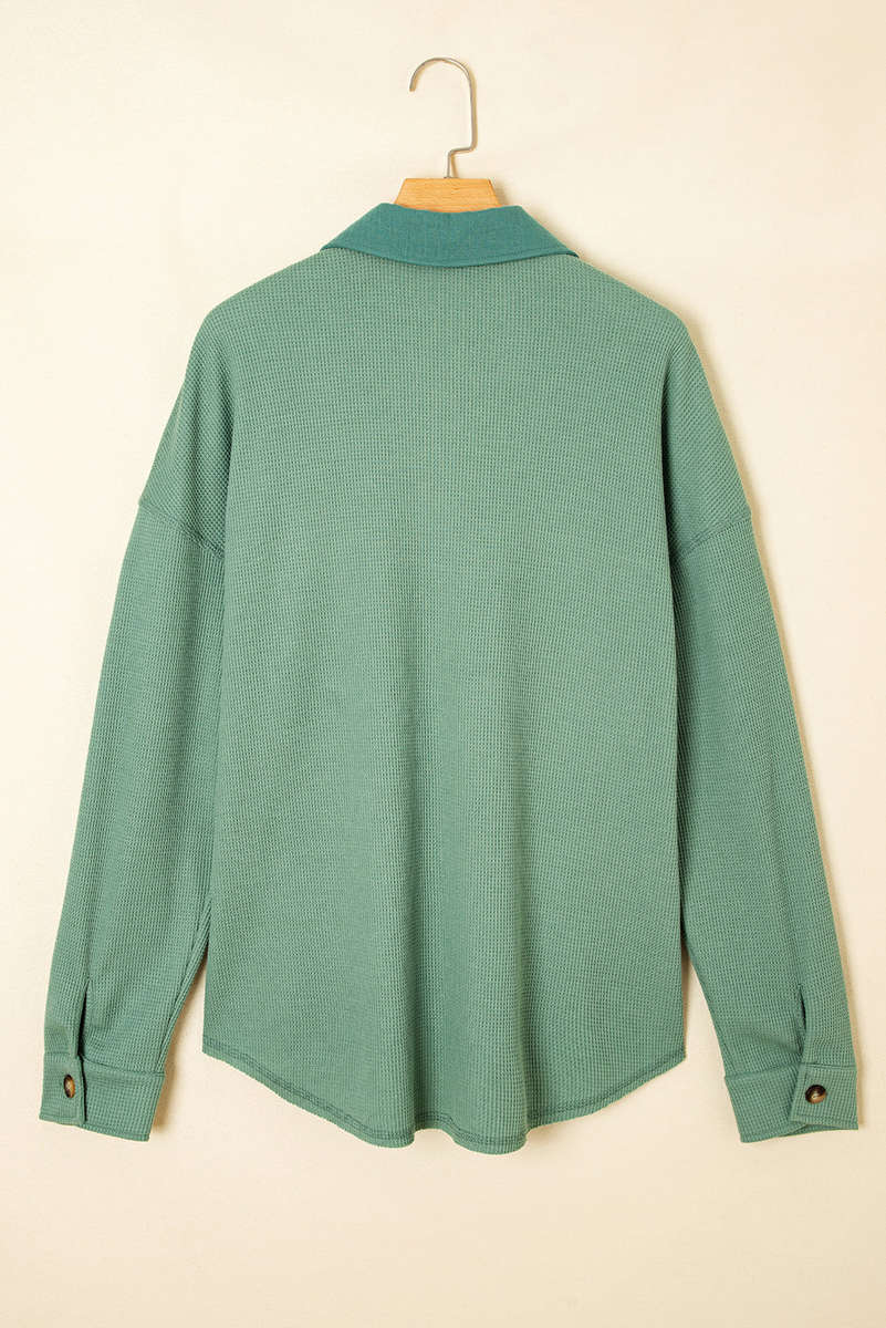 Grass Green Waffle Knit Vintage Patchwork Button Up Loose Shirt