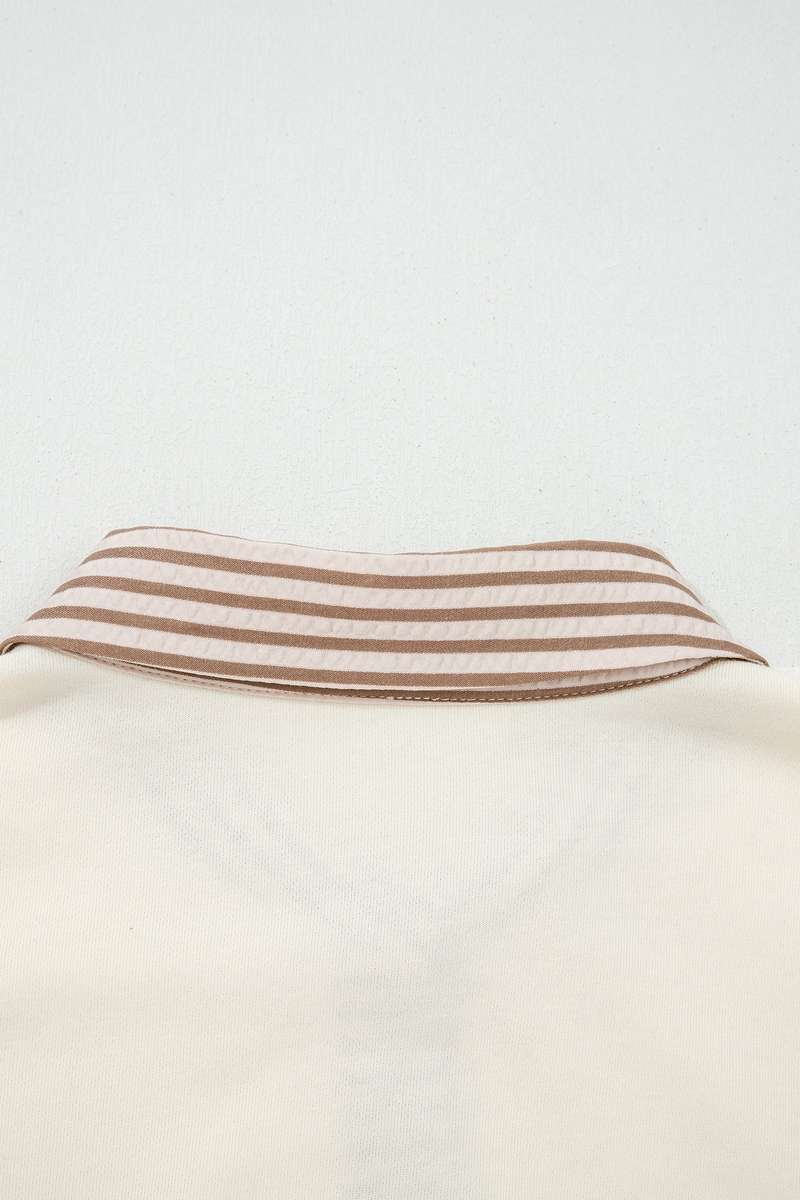 Khaki Stripe Plus Size Color Block Patchwork Half Button Long Sleeve Peplum Blouse