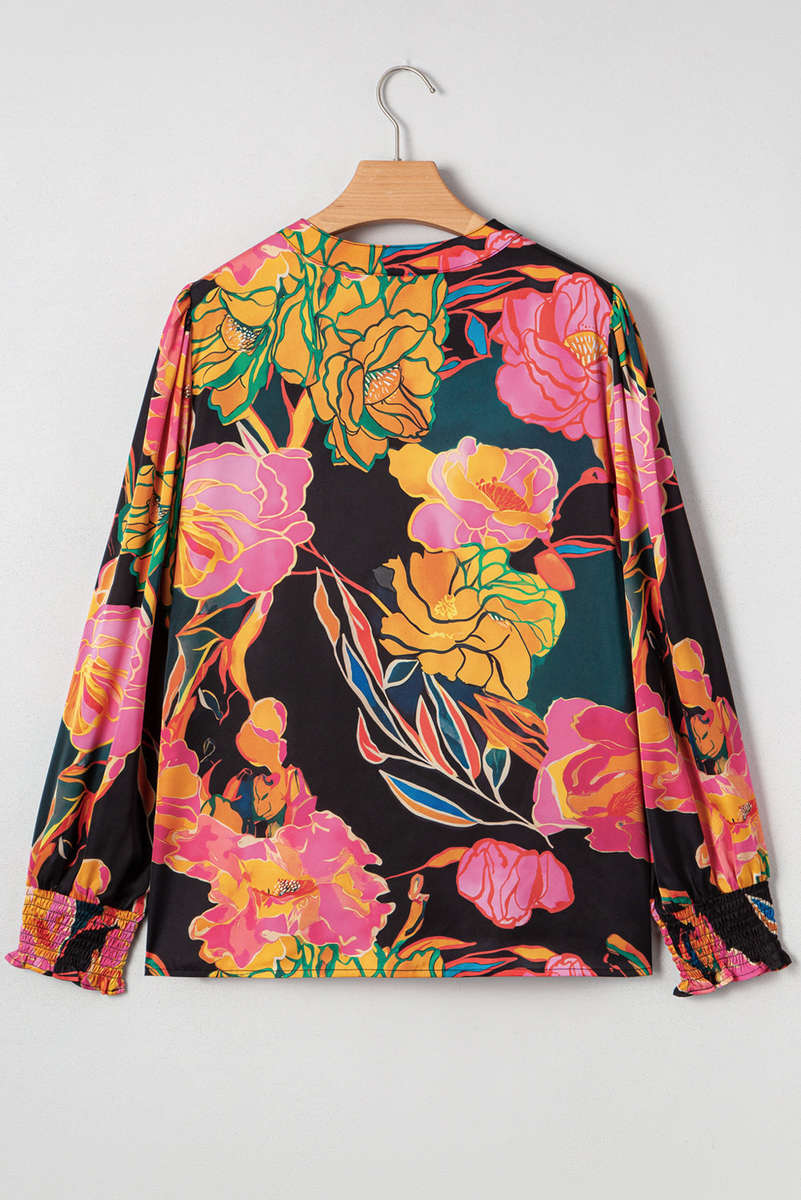 Black Floral Print Smocked Cuffs Puff Sleeve V Neck Blouse