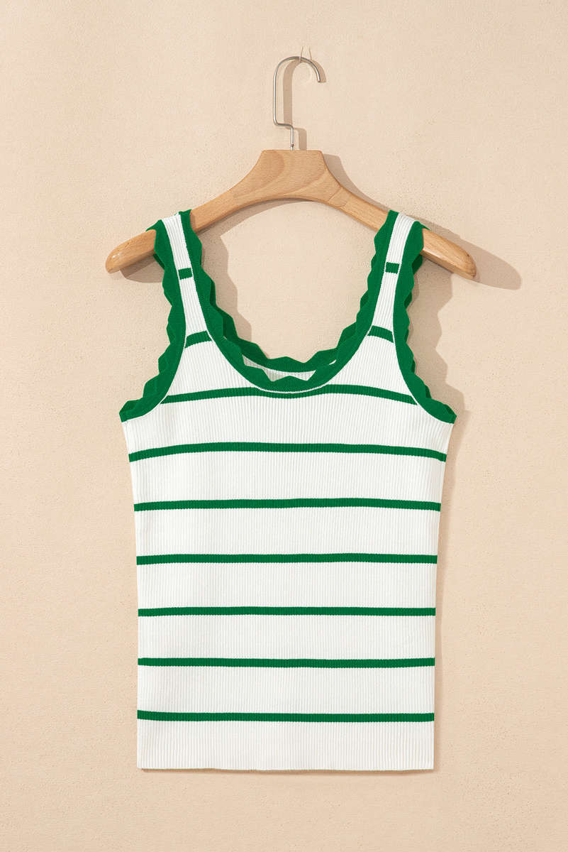 Bright Green Striped Scalloped Edge U Neck Sleeveless Sweater Vest