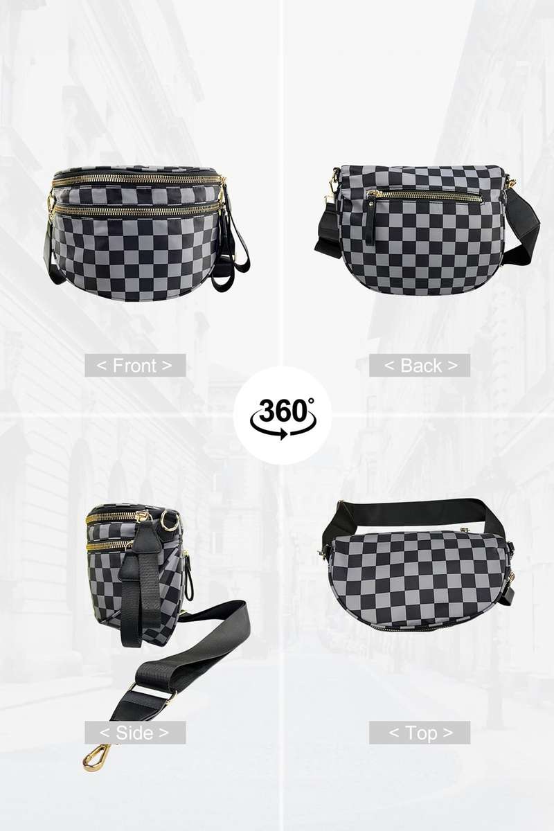 Dark Grey Checkered Print Wide Strap Large Crossbody Bag