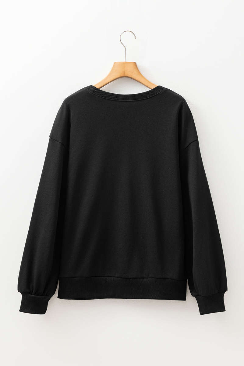 Black Rhinestone Embellished Drop Shoulder Ribbed Cuffs Wholesale Sweatshirt