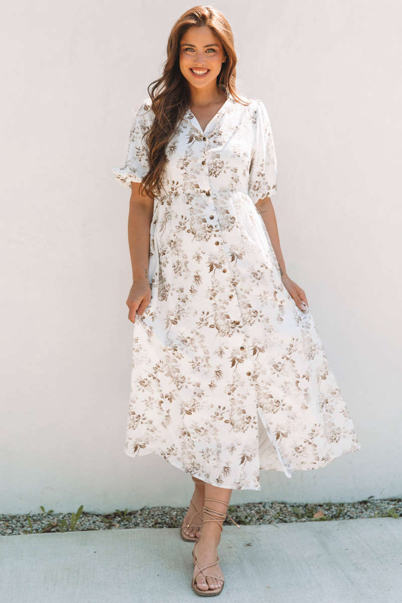 Khaki Floral Puff Sleeve V Neck Buttoned Front Maxi Dress