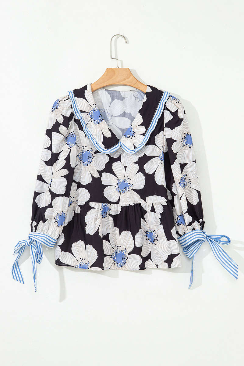 Black Floral Print Striped Tie Sleeve Collared V Neck Blouse