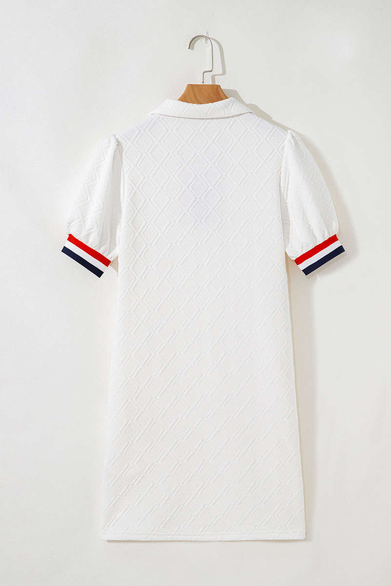 White Textured Jacquard Colorblock Edge Puff Sleeve Quarter Zip Mini Dress