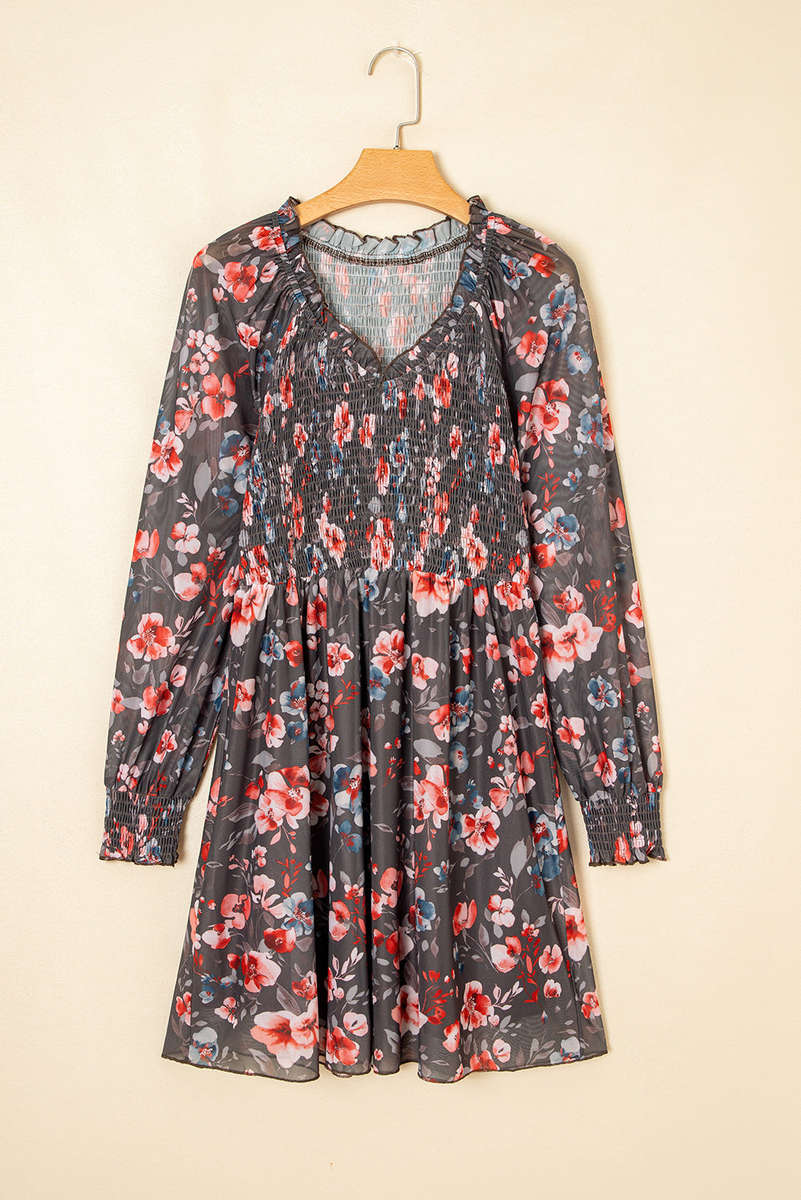 Brown Frilly Smocked Bodice Floral Mesh Long Sleeve Mini Dress