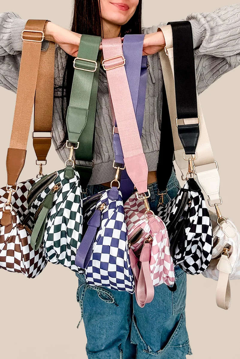 Pink Checkered Print Wide Strap Large Crossbody Bag