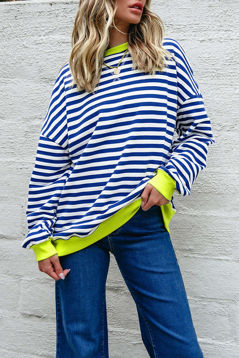 Sky Blue Stripe Striped Contrast Ribbed Trim Crossed Stitch Drop Shoulder Sweatshirt