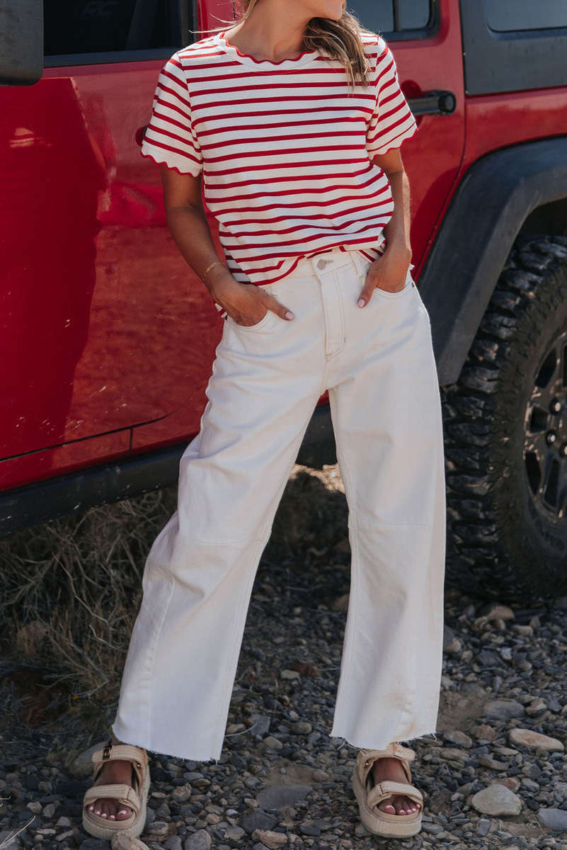 Red Stripe Scalloped Trim Round Neck T Shirt