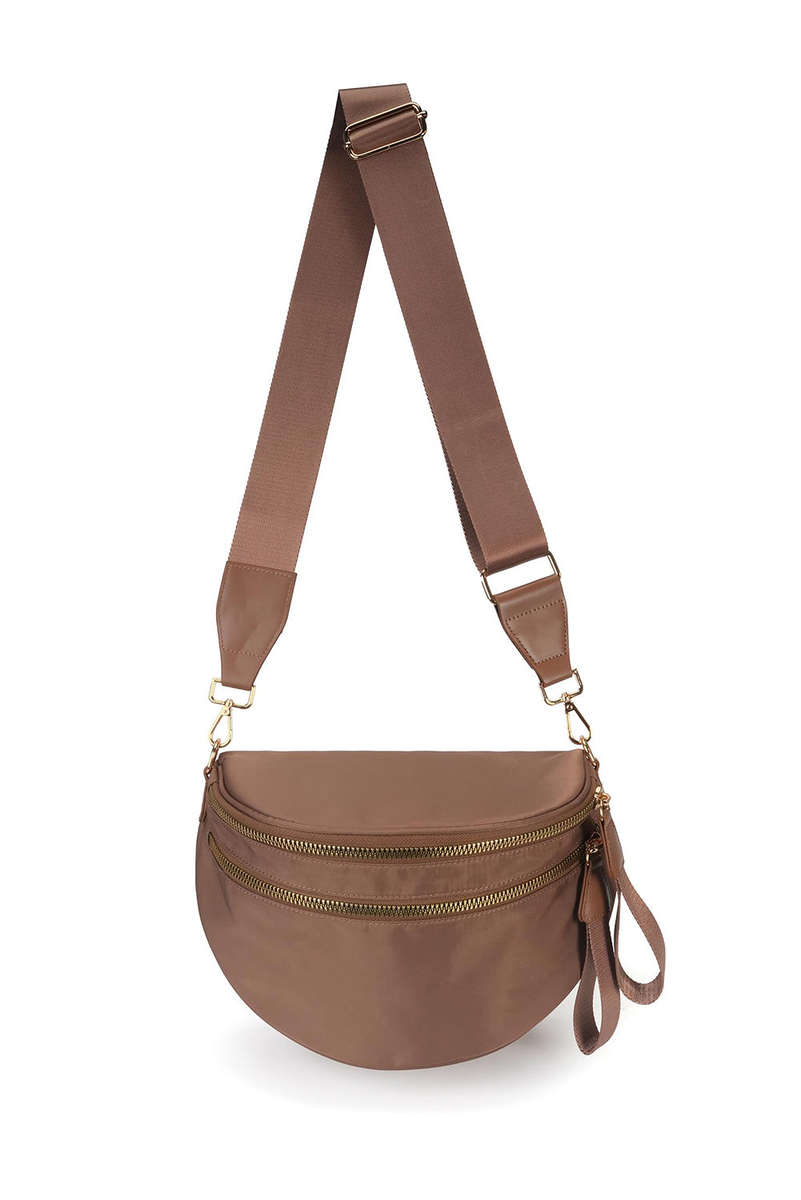 Camel Double Zip Crescent Shape Adjustable Sling Bag