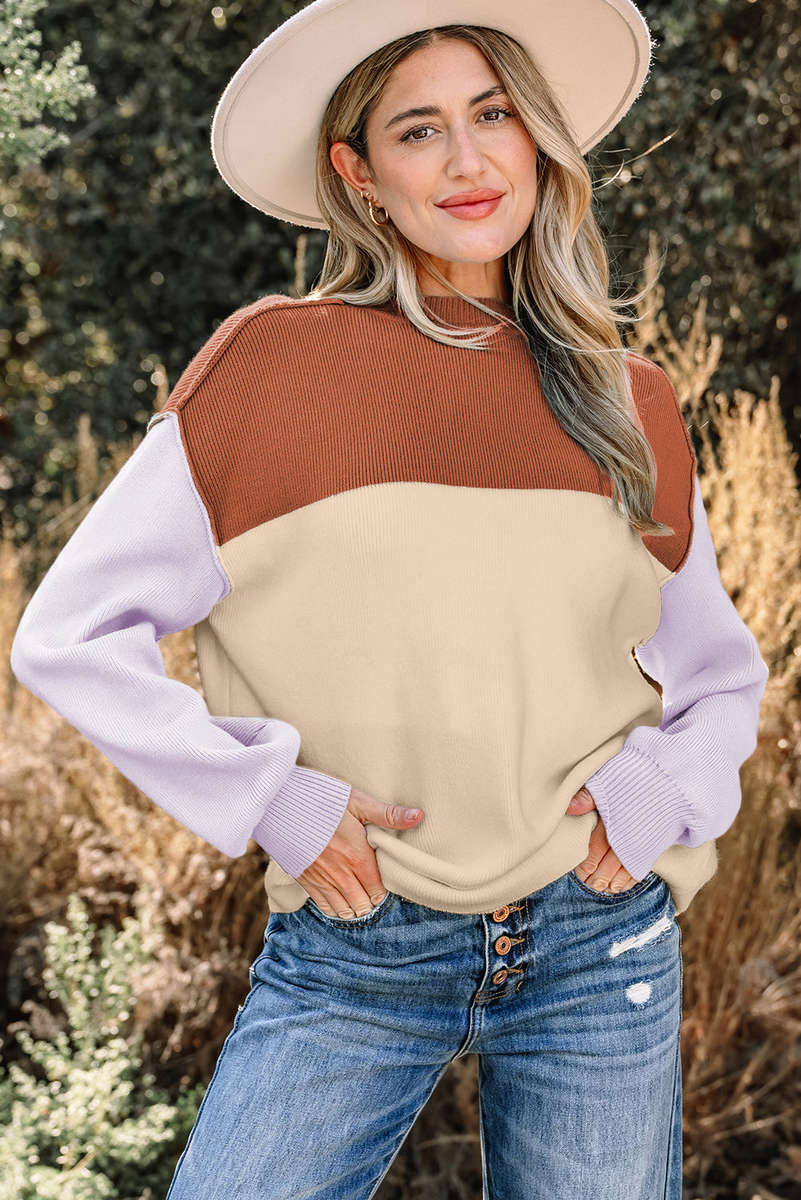 Khaki Color Block Plain Ribbed Knit Baggy Sweater