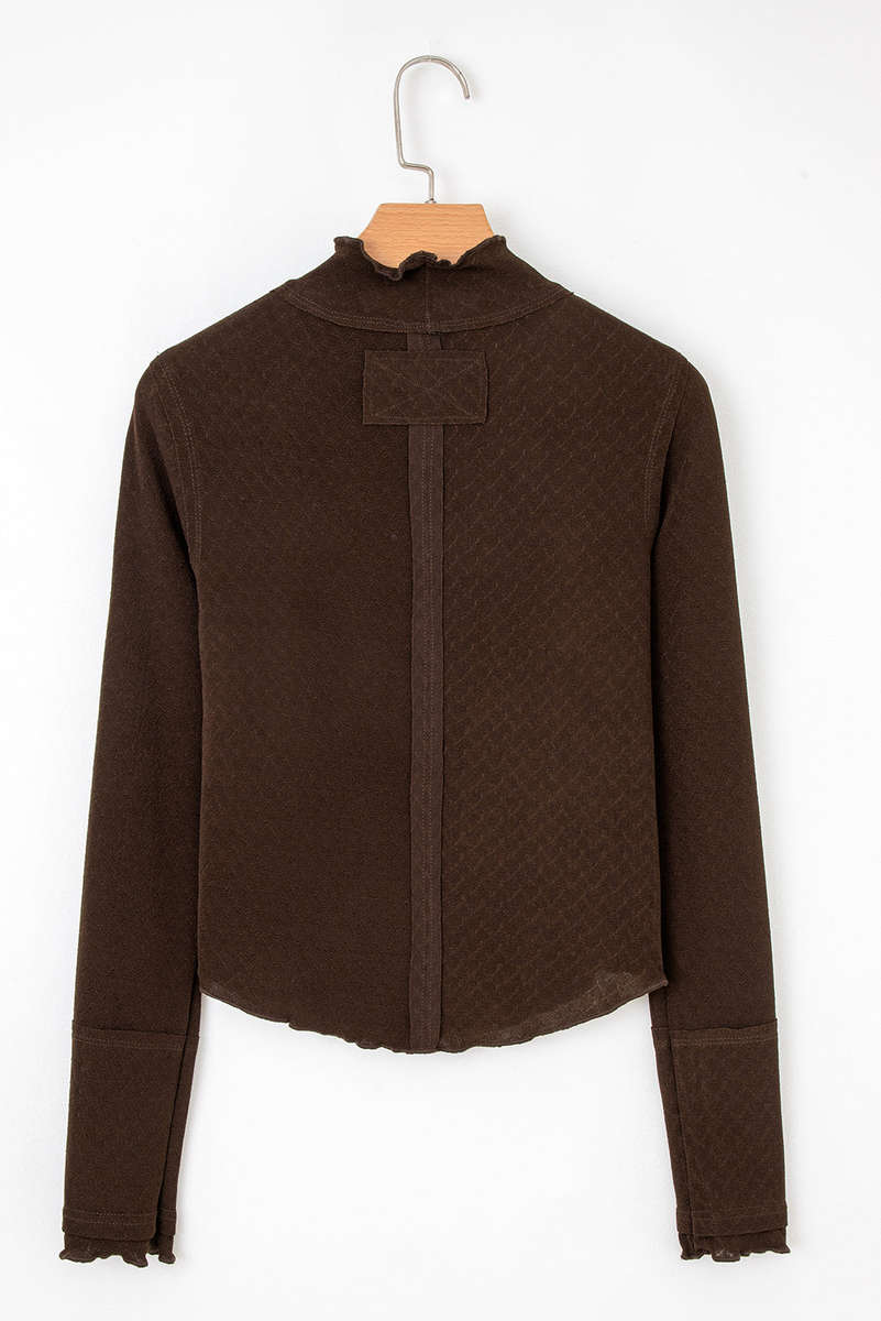 Cinnamon Lettuce Trim Raw Seam Patchwork Jacquard Long Sleeve Top