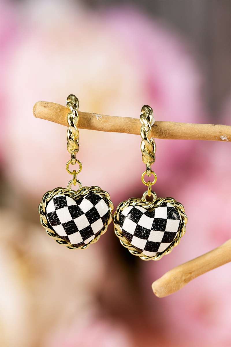 Black Checkered Heart Dangle Gold Plated Twisted Hoop Stud Earrings