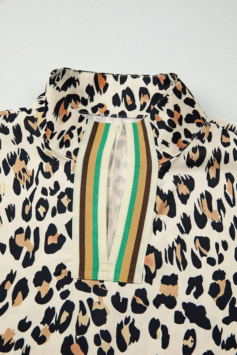 Khaki Leopard Color Block Contrast Striped V Neck Half Sleeve Loose Fit Blouse