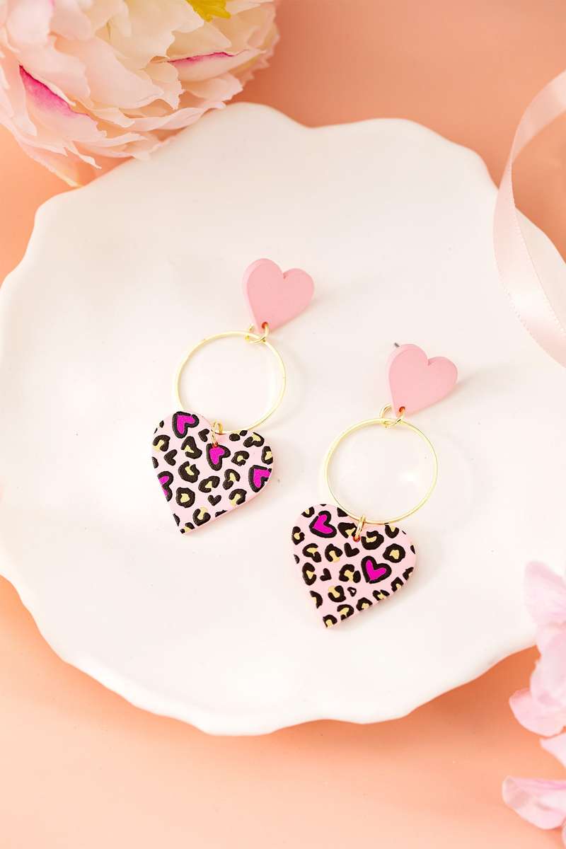 Pink Leopard Double Heart Golden Hoop Dangle Earrings