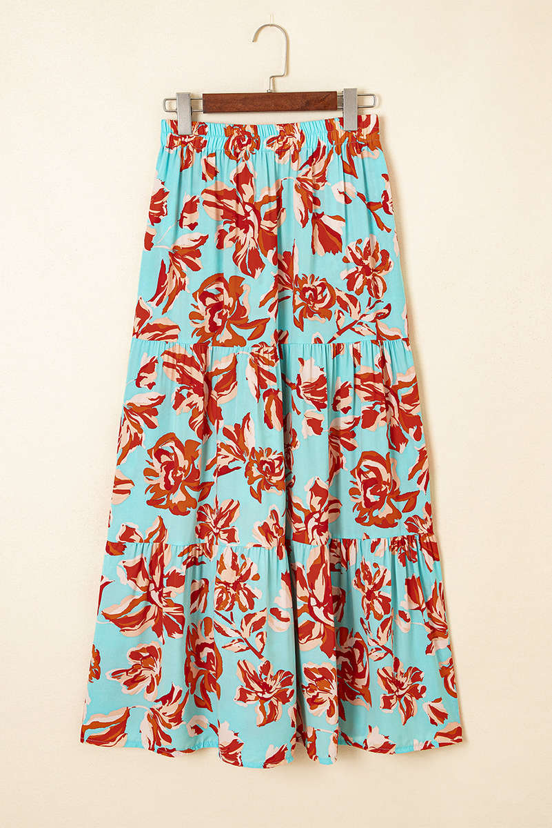Green Bohemian Floral Print Tiered Maxi Skirt with Split