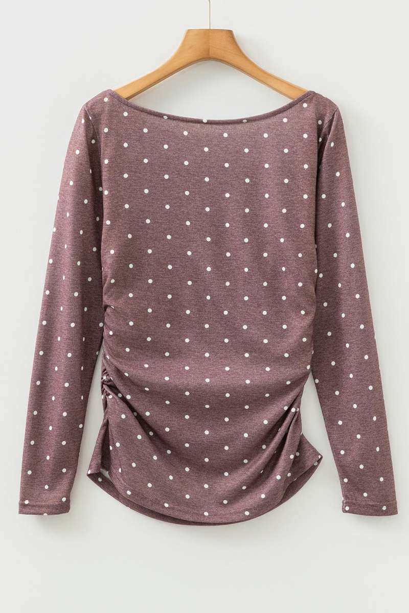 Dark Brown Polka Dot Boat Neck Knit Long Sleeve T Shirt