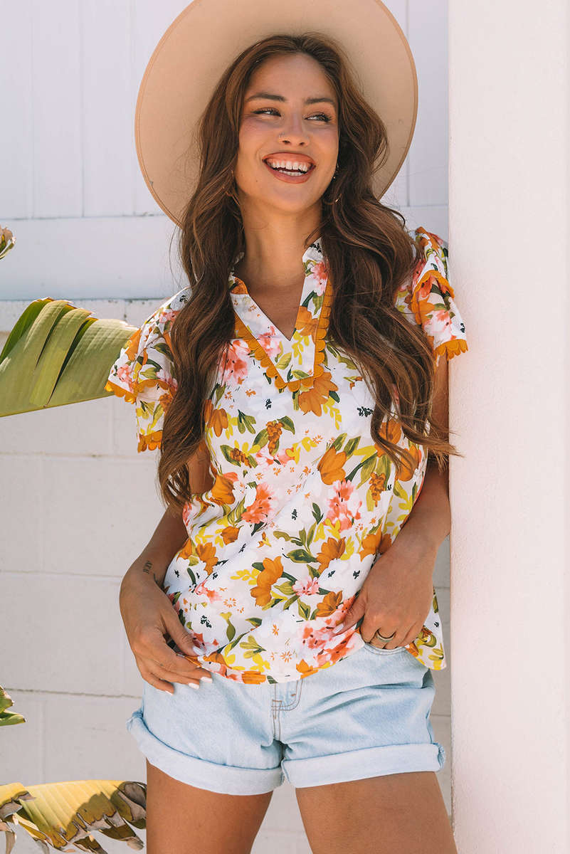 Russet Orange Ruffled V Neck Scalloped Short Sleeve Floral Blouse