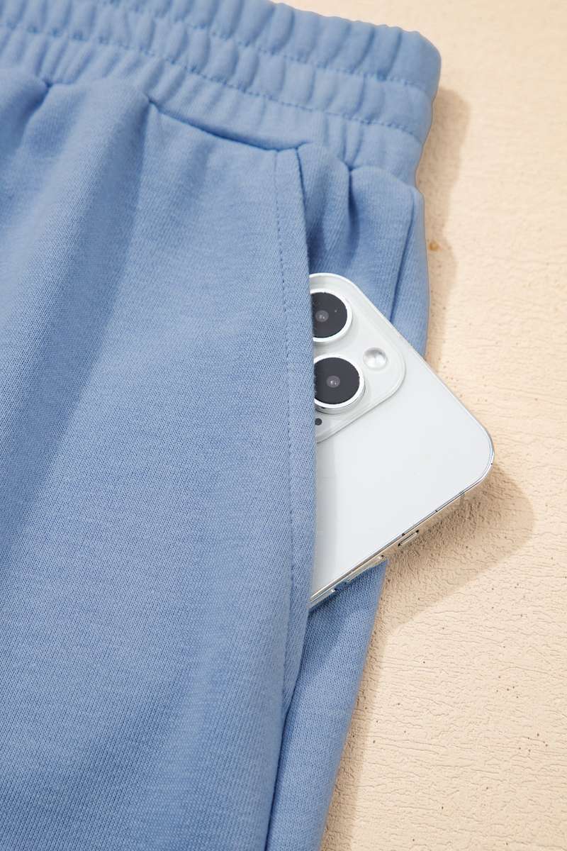Sky Blue Solid Color Contrast Textured Patchwork Raw Edge 2pcs Short Set