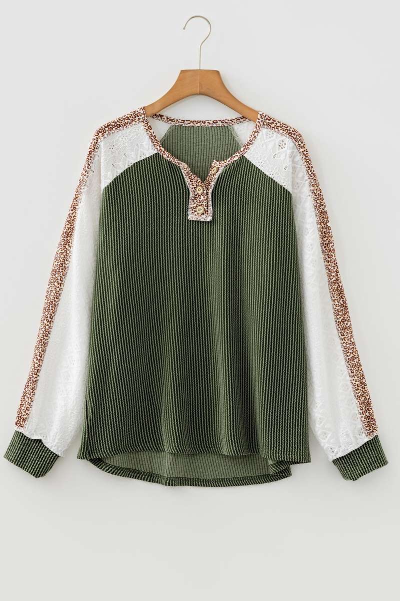 Vineyard Green Twisted Ribbed Leopard Lace Contrast Patchwork Long Sleeve Top