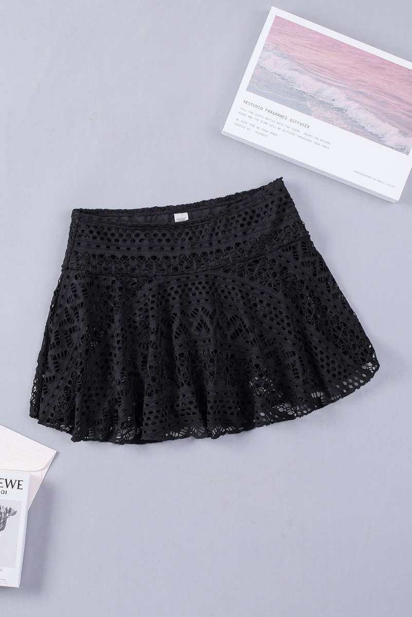 Black Solid Color Crochet Lace Skirted Bikini Bottom