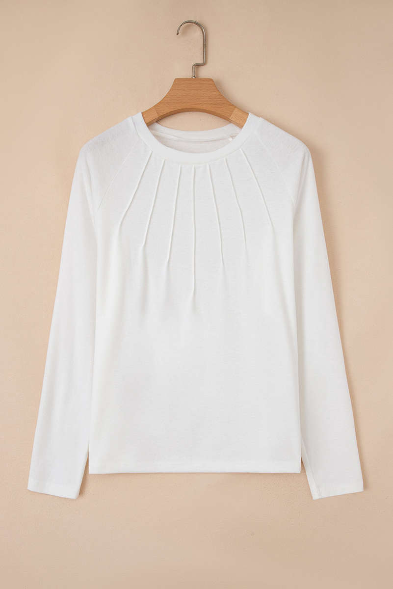 White Solid Color Seam Detail Raglan Long Sleeve Top