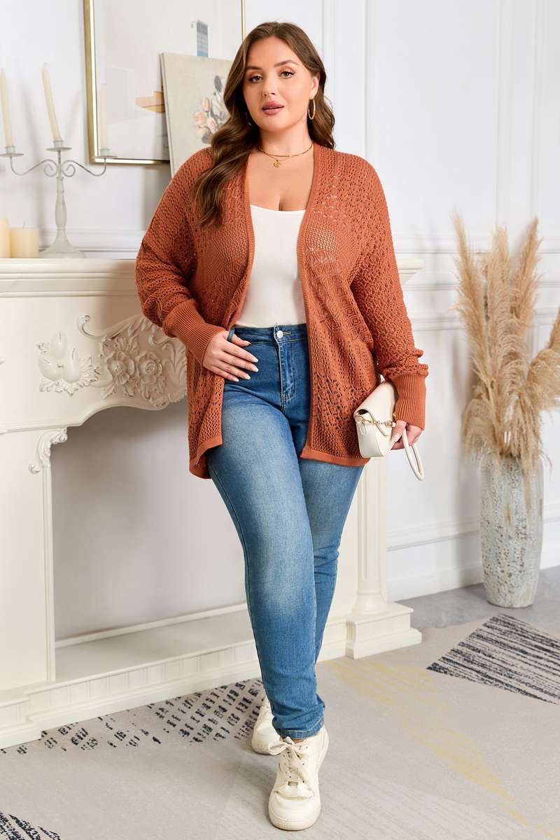 Redwood Burl Mixed Pattern Knitted Open Front Plus Cardigan