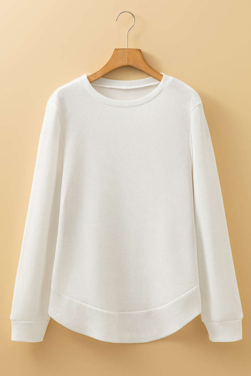 White Rounded Hem Waffle Long Sleeve Top