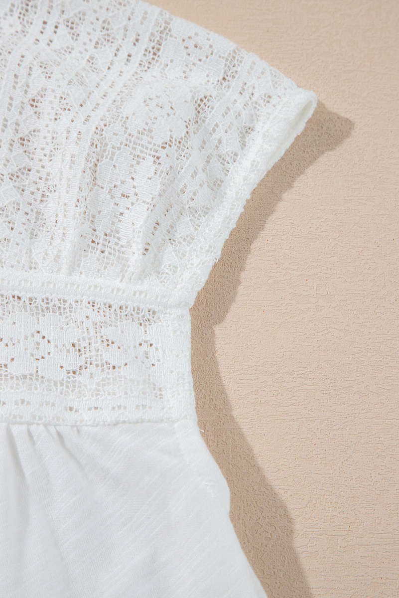 White Hollowed Lace Patchwork Square Neck Short Sleeve Blouse