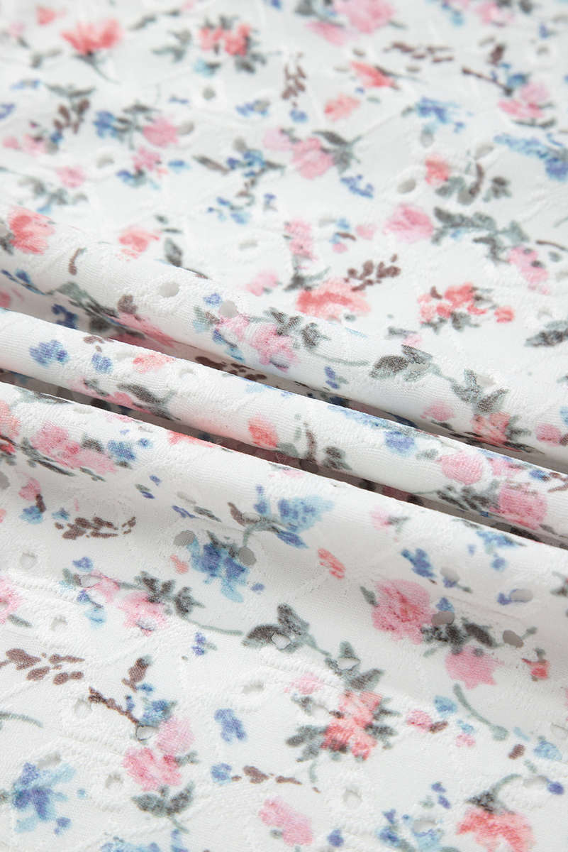 White Floral Print Textured Square Neck Slim Fit Long Sleeve Top