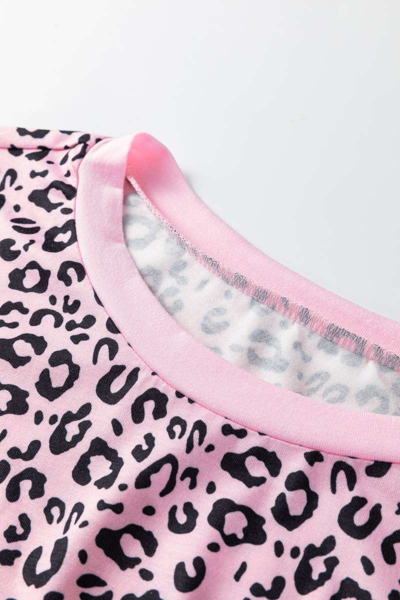 Pink Leopard Striped Patchwork Side Slit Loose Short Sleeve Top