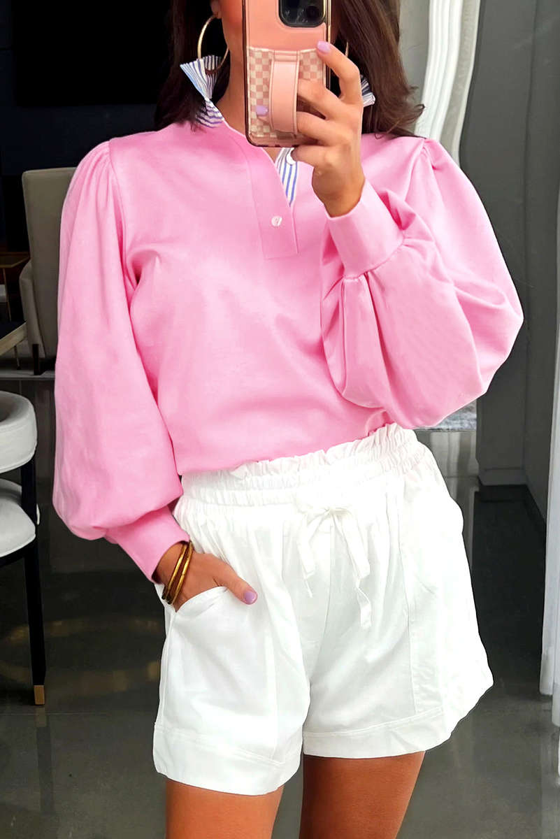 Bonbon Button Striped Collar Patchwork Puff Sleeve Sweatshirt