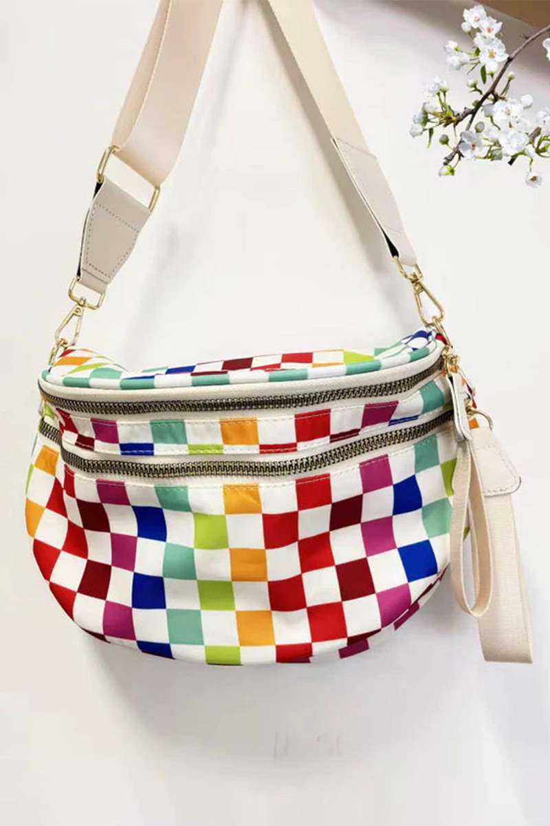 White Pretty Checkerboard Canvas Double Zip Crossbody Bag