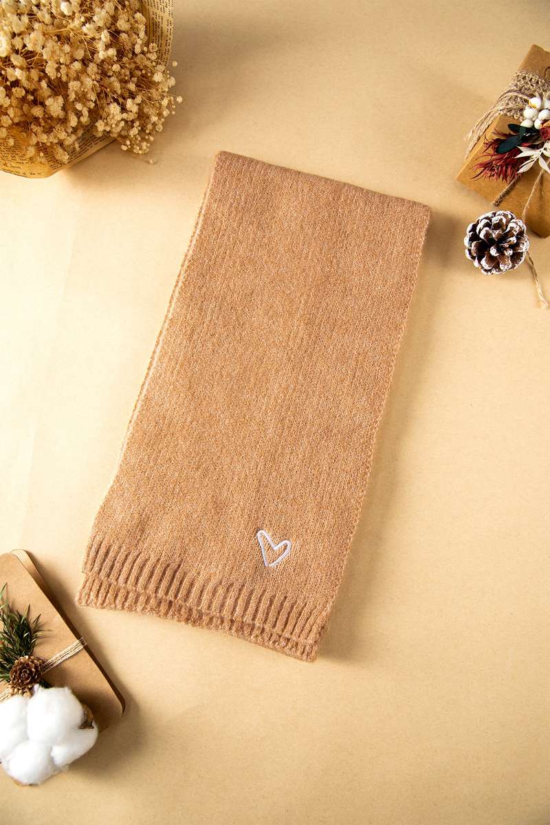 Thai Curry Tiny Heart Embroidered Detail Ribbed Trim Warm Knit Scarf