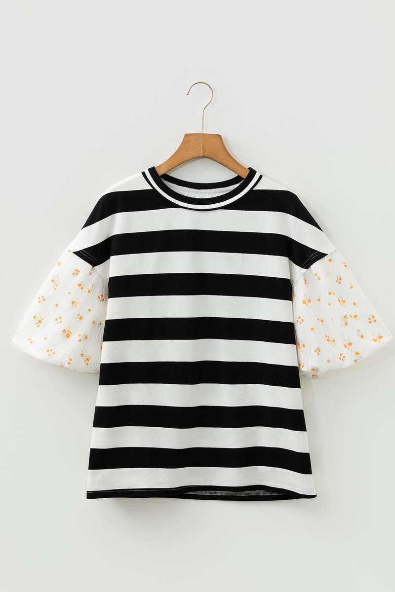 Black Stripe Floral Print Puff Sleeve Patchwork Blouse