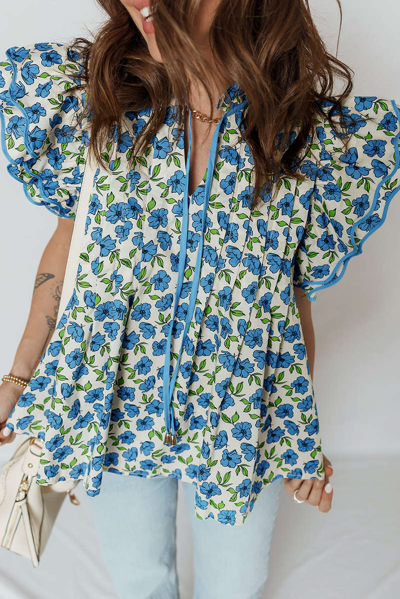 Sky Blue Tiered Flutter Sleeve Pleated Flower Blouse