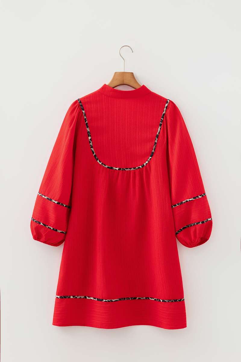 Fiery Red Textured V Neck Leopard Contrasted Trim Long Sleeve Shift Mini Dress