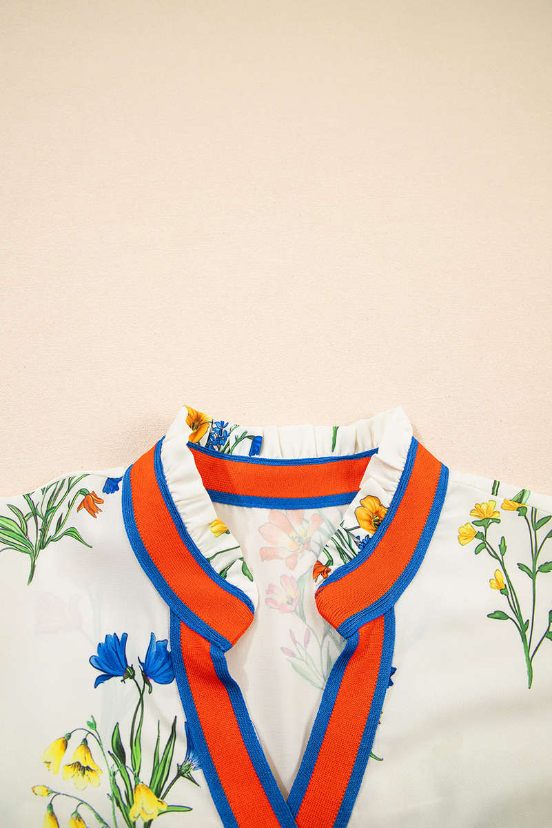 White Floral Short Puff Sleeve Contrast V Neck Print Blouse