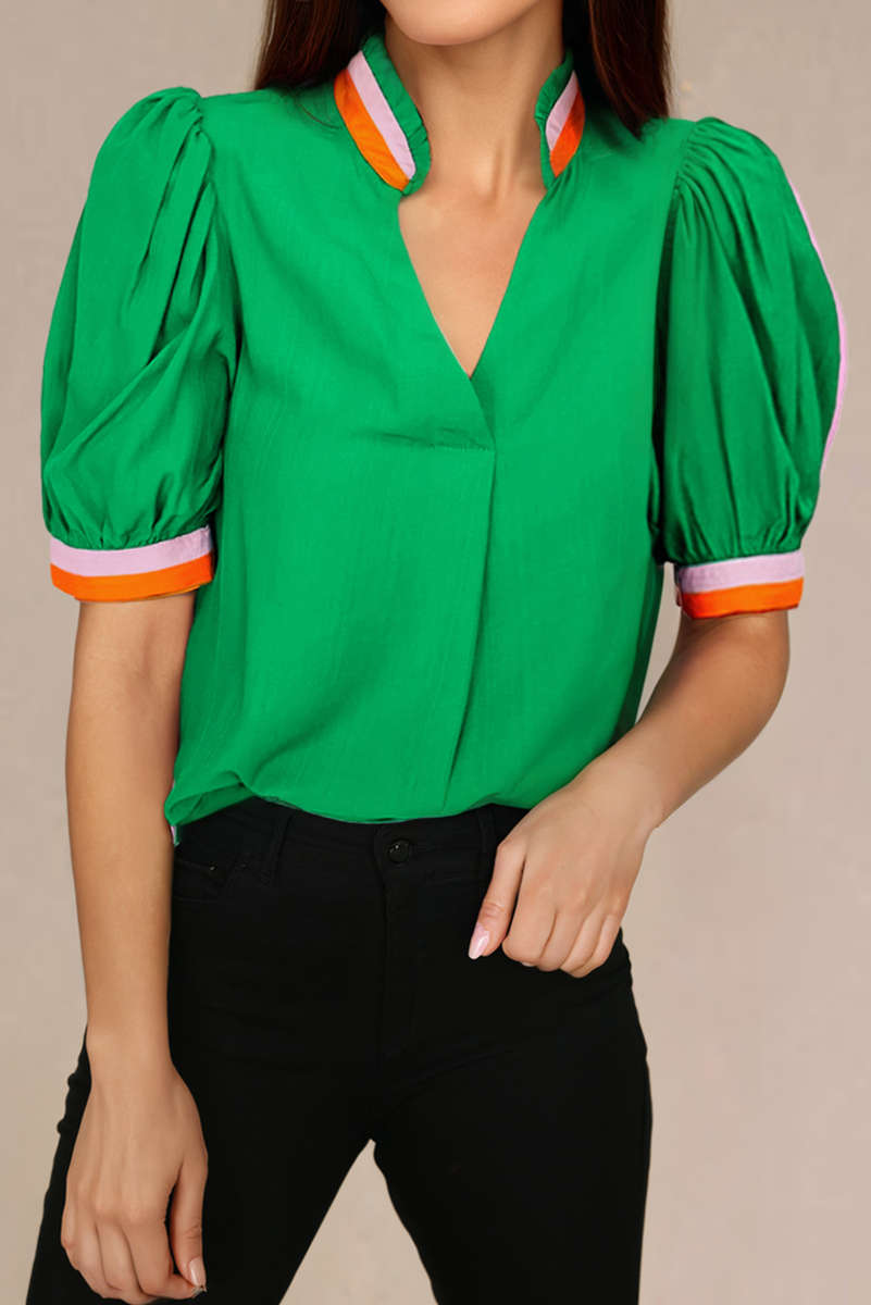 Bright Green Colorful Trim V Neck Short Sleeve Blouse