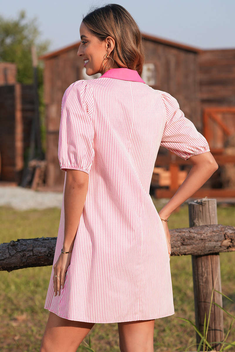 Rose Stripe Color Block Patchwork Shirt Collar Button Down Puff Sleeve Mini Dress