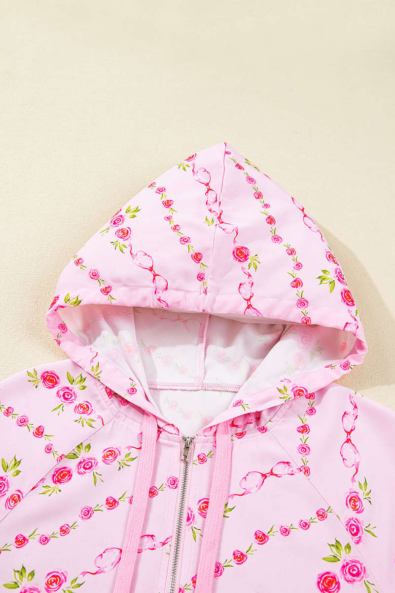 Pink Floral Print Half Zip Kangaroo Pouch Drawstring Hoodie