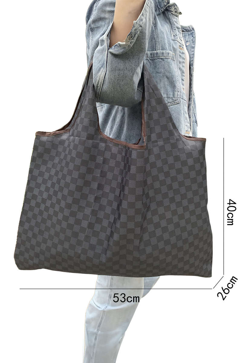 Black Trendy Checkered Pattern Large Portable Tote Bag