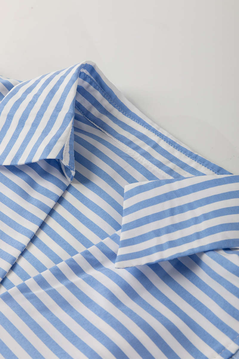 Sky Blue Stripe Shirt Collar V Neck Ricrac Trim 3/4 Puff Sleeve Blouse