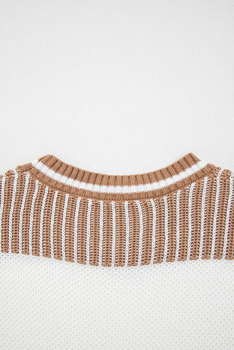 Khaki Two Tone Striped Patchwork Drop Shoulder Loose Sweater