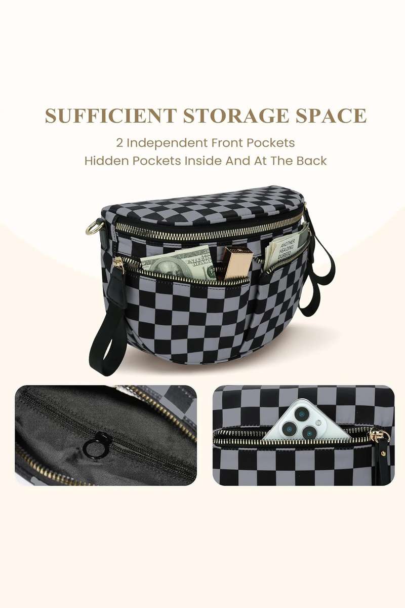 Dirty blue Checkered Print Multi Pocket Zipped Canvas Crossbody Bag