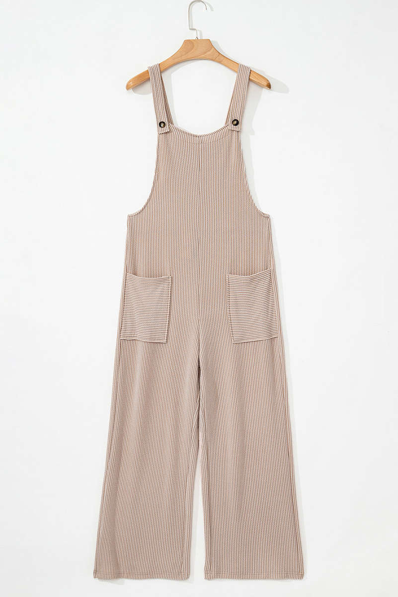 Parchment Ribbed Knit Patched Pocket Wide Leg Overalls