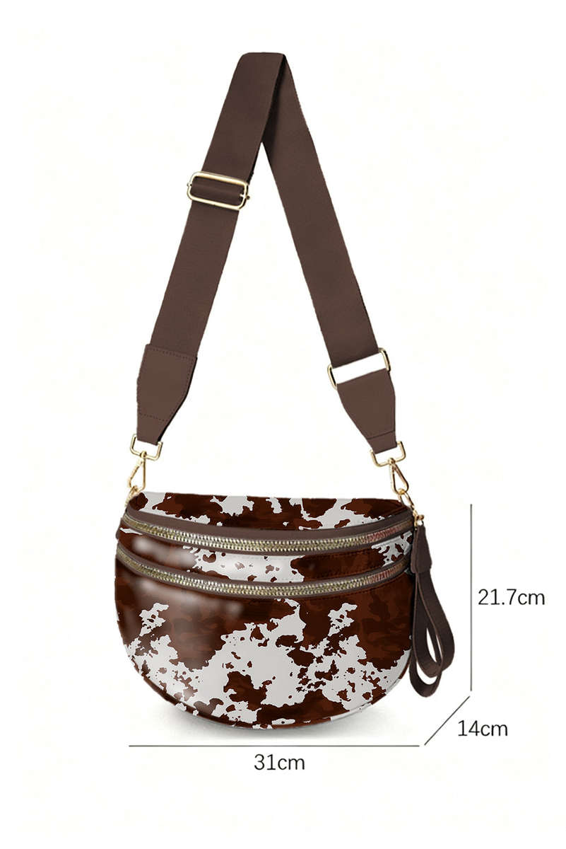 Coffee Cow Spots Printed Double Zip Crossbody Bag