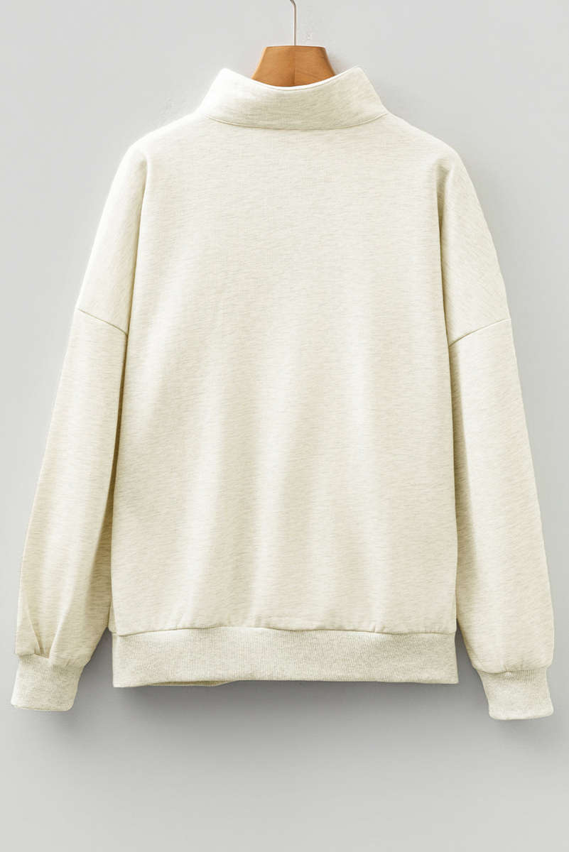 Light Grey Contrast Striped Patchwork Zip Collar Pullover Sweatshirt